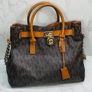 Michael Kors Hamilton Signature Monogram Jet Set Chain Shoulder Bag Brown